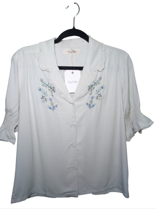 Simple Retro Tops - Simple Retro Button-Front Blouse with Blue Floral Embroidery